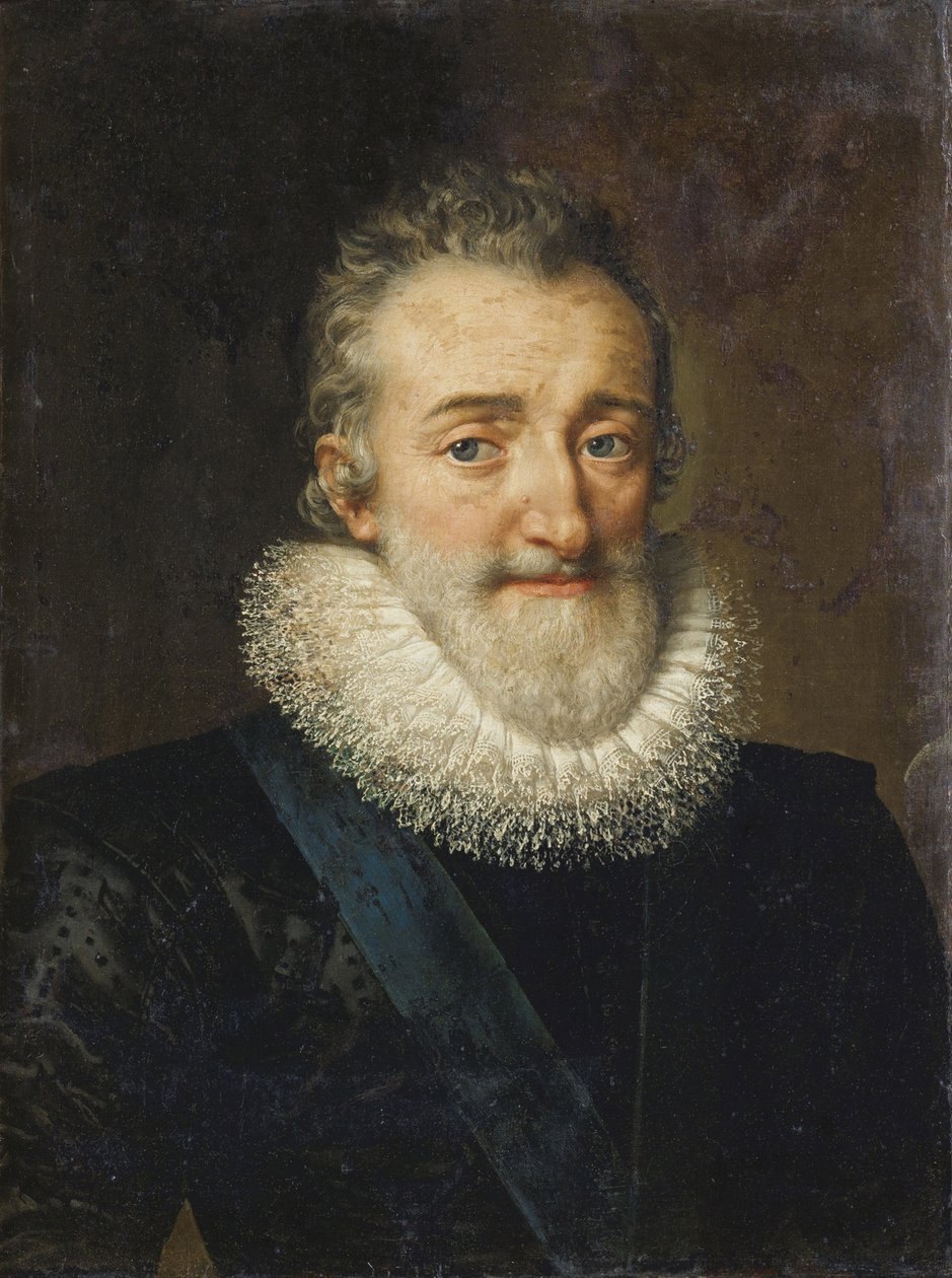 Geschilderd portret van Hendrik IV van Frankrijk met witte kraag en blauwe sjerp