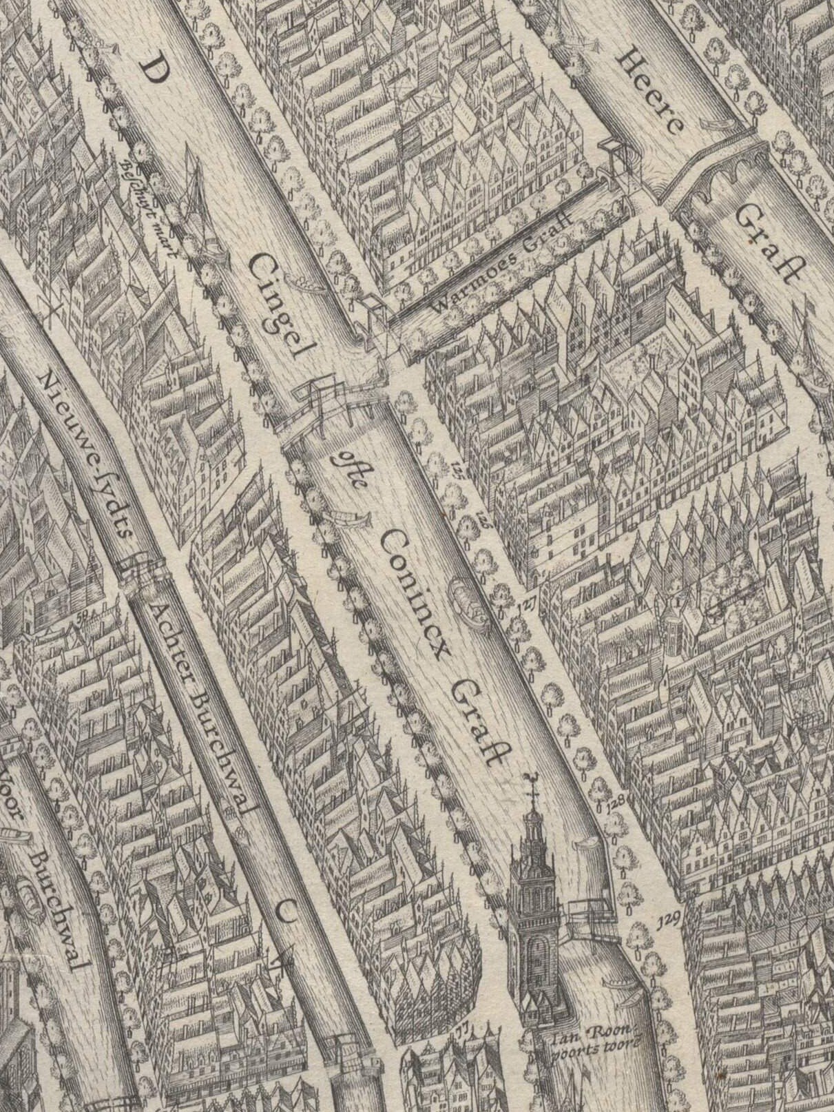 Detail van de kaart van 1625 met de tekst Cingel ofte Coninx Graft, de Warmoesgracht en de Jan Roodenpoortstoren