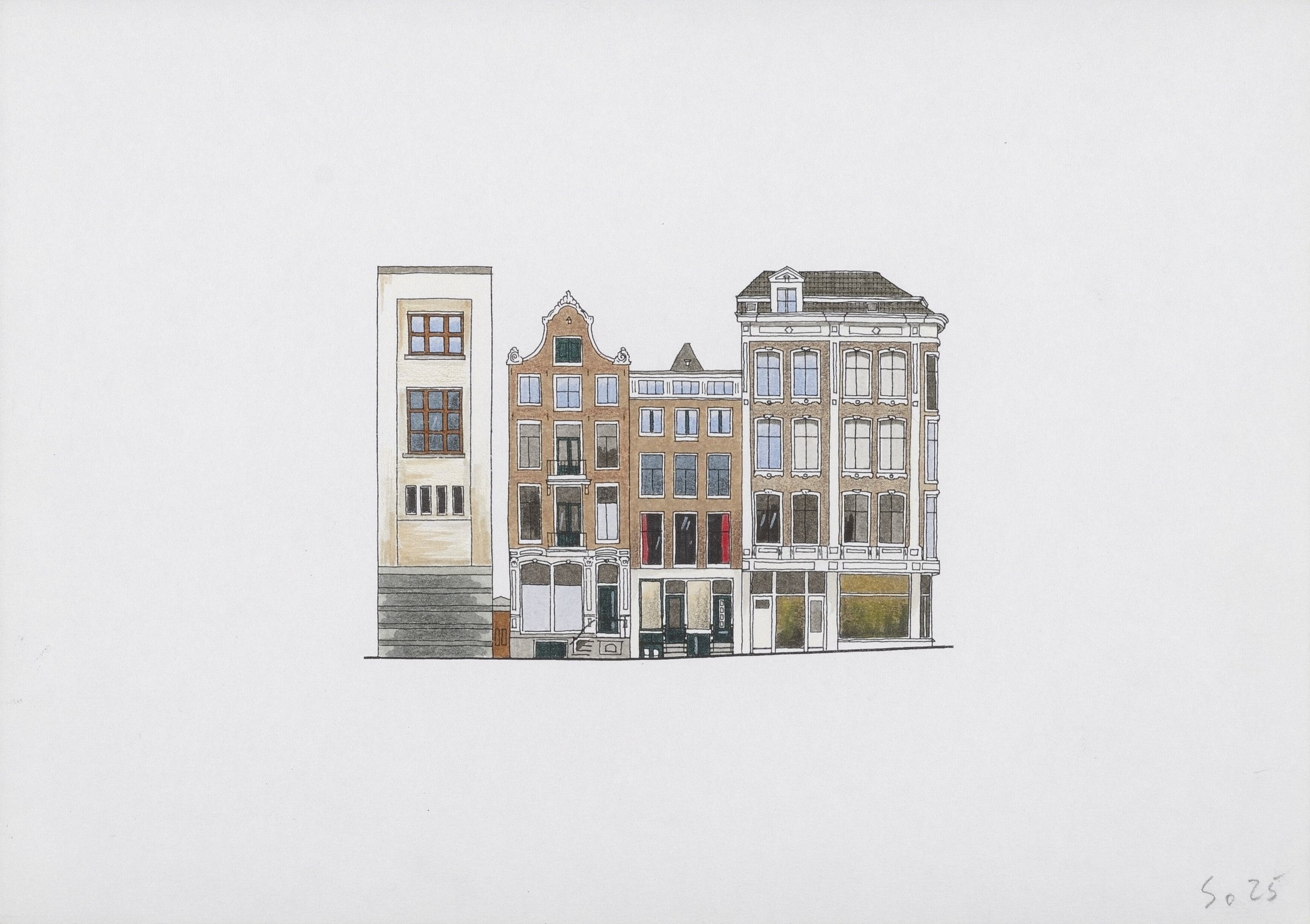 Handgetekende gevelwand van Singel 233 tot en met 239, Amsterdam, door Rolf Unger en Tim Killiam, 2000