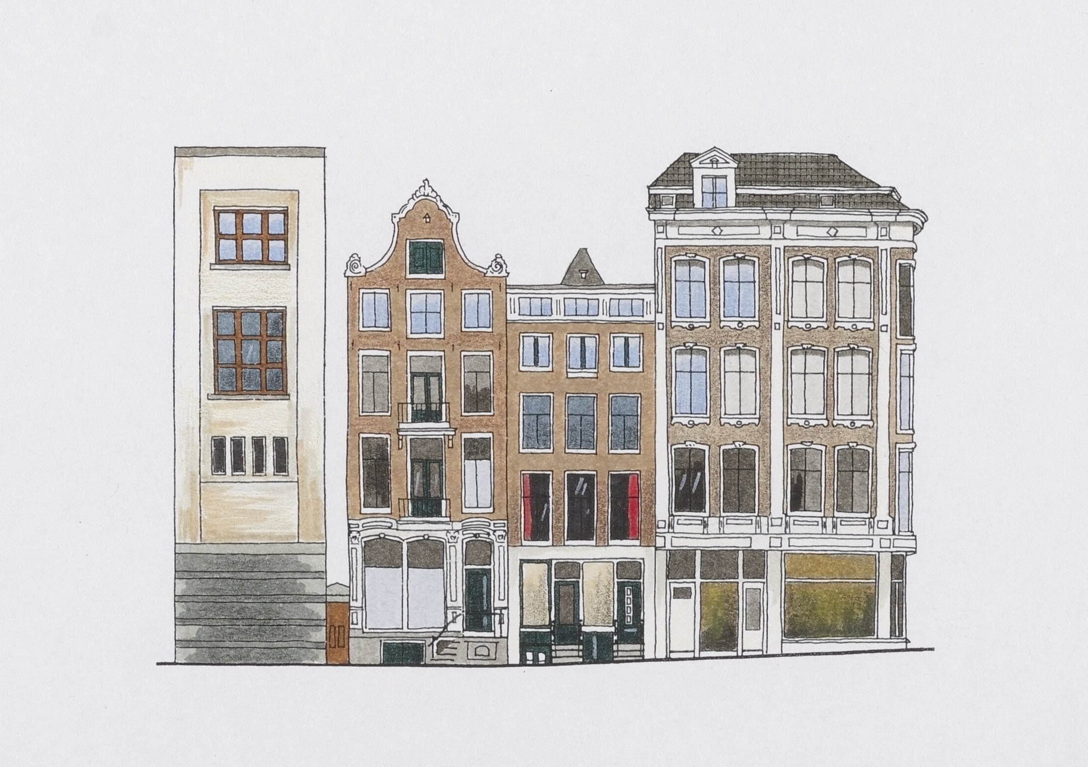 Handgetekende gevels van Singel 233 tot en met 239 in Amsterdam, door Rolf Unger en Tim Killiam, 2000